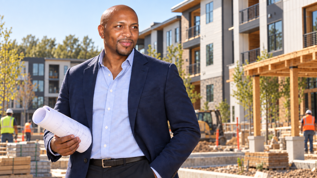 Ben Teasdel III reviewing plans at a multifamily real estate development project